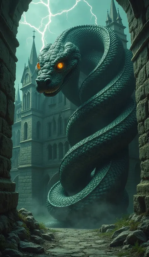 "Create a detailed and eerie scene of a massive, sinister snake coiled tightly around a crumbling, terrifying old building. The snake has gleaming, menacing eyes and intricate scales that shimmer in shades of black and green. The building is gothic in desi...