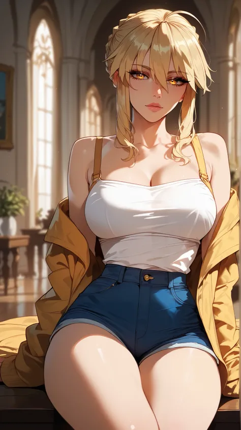 Artoria Pendragon style,  blonde hair ,  golden eyes,  perfect eyes,  perfectly sexy face, ultra detailed,  ultra perfect eyes ,  big beautiful woman , sitting, dark blue shorts, Body,  looking at the spectator,