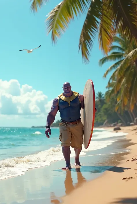 30-second video of Thanos on the beach with a surfboard on the beach walking toward the sea 