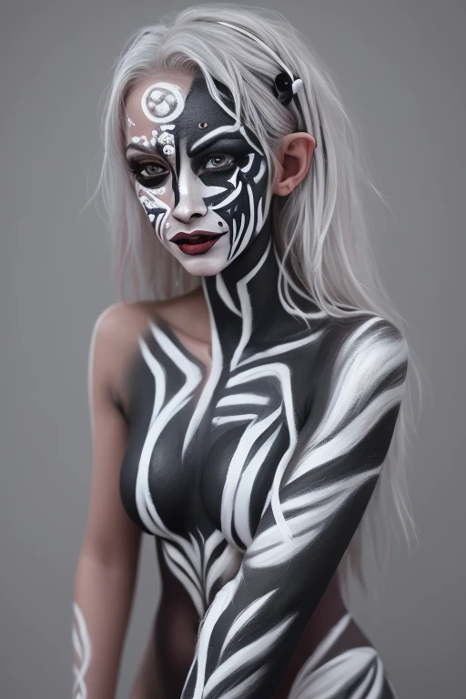 Elf, Front image, (white and black triple line pattern body paint and face paint:1.3), (Silver Block Check Body Paint and Face Paint :1.4), Body paint with silver color all over ,   Silver Hair,  Asymmetric pattern  ,(Above the knee images) , ( big breasts...