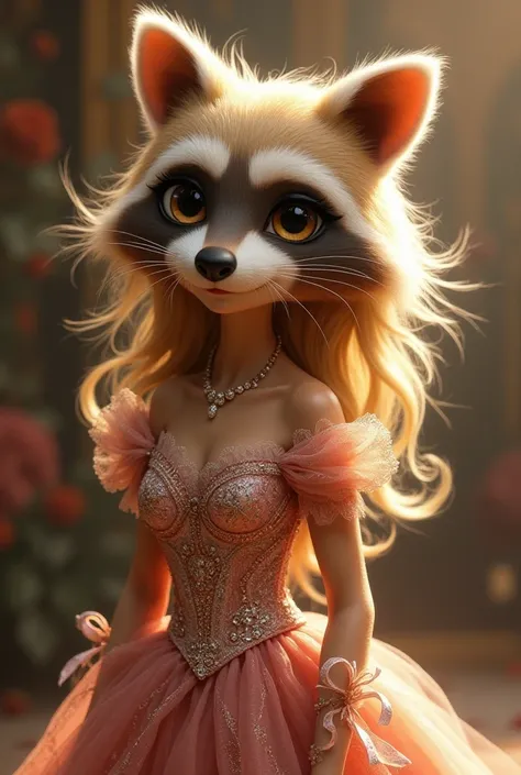 Female raccoon with blond hair 
Pretty dress
Similar to miss piggy 