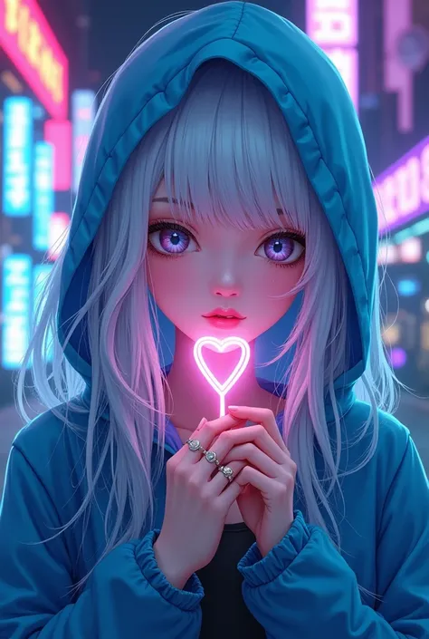 a woman with long white hair.wearing a hoodie blue and a ring on her finger and a colorful background with a heart on her finger, Artgerm, computer art, anime art, cyberpunk art. 