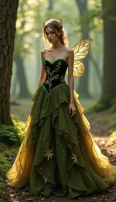 A whimsical gown with a fitted bodice of dark green velvet, embellished with golden vine embroidery. The skirt is made of layered chiffon in shades of moss green, brown, and soft gold, resembling forest foliage. Tiny, glowing fairy lights are scattered thr...