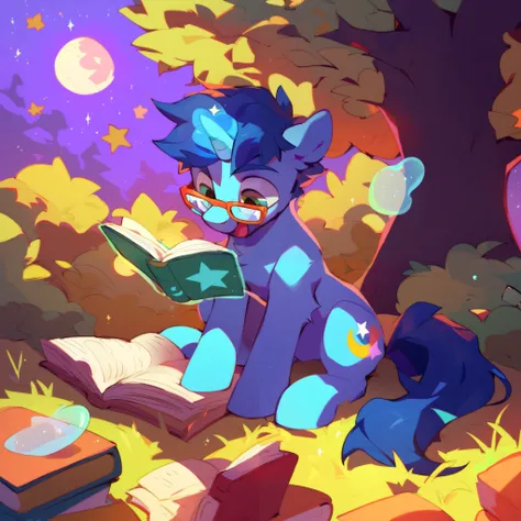 Male unicorn, blue fur, short dark blue mane, Star and moon cutie mark, glasses, sitting at a tree, reading a book being levitated by magic