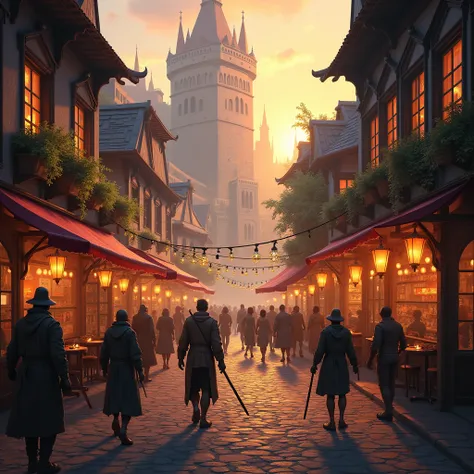 A detailed fantasy city square, bustling with life. Cobblestone streets, medieval-style buildings, and a cozy cafe terrace. Adventurers showing weapons, townsfolk chatting under lantern lights. Warm sunset tones illuminate the scene. Created Using: cinemat...