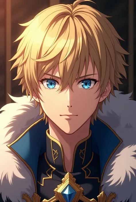 A portrait of a king with short golden blonde hair, blue diamond eyes, middle age man, semirealistic anime style 