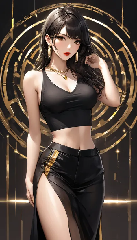 Neo-noir futuristic art style, full body view, semi-realistic anime-style of a woman, aged 23, standing with her back turned to the left, looking slightly over her shoulder. Her long, sleek dark hair flows freely over her shoulders, enhancing her effortles...