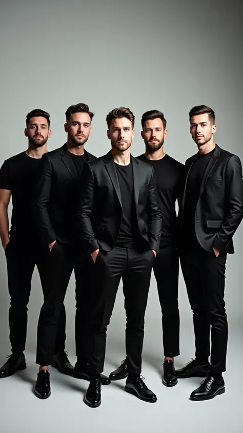 Poto studio Indonesia ,  five young handsome white men,dressed in black suits and t-shirts , facing the camera in front of the camera  