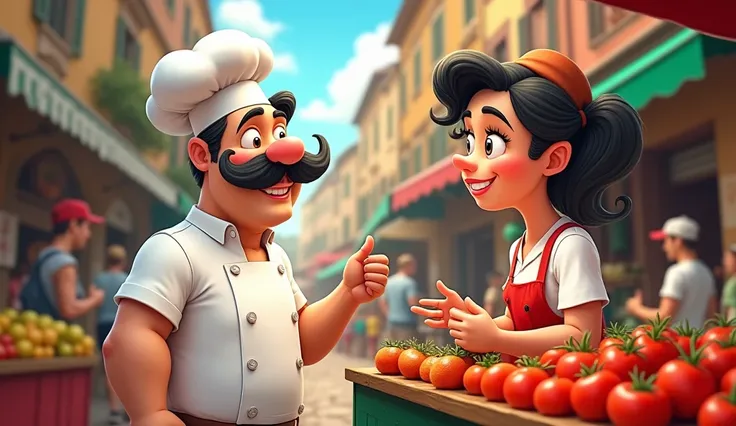 A cartoonish humble chef with a mustache ahead and a tomato counter talks to a seller at a market in Italy