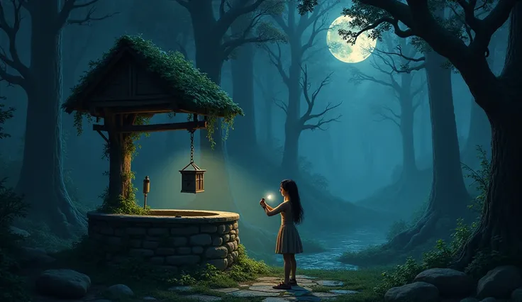 "A dark, enchanting forest with towering trees and soft moonlight breaking through the canopy. In the center of the scene is an old stone wishing well, covered in moss and ivy. Zara leans over the edge, her flashlight illuminating a small metal box hanging...