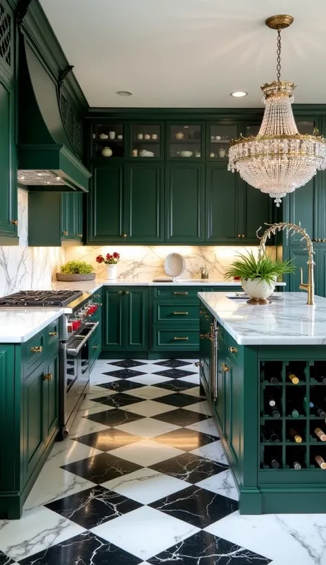  A spacious kitchen with dark emerald green cabinets and polished white marble countertops featuring bold, dramatic veining. The backsplash is a matching marble slab for a seamless look. A large, vintage-style crystal chandelier hangs over the island, whic...