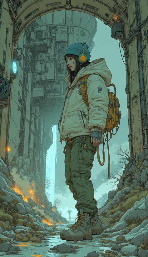  Surrealism  ,  artwork, 8K quality,  a cute high school girl exploring the wreckage of a huge spaceship 、The outer wall 、 A high school girl wearing an off-white down jacket and loose moss green cargo pants, blue knit cap、 headphones、Trekking boots、 Color...