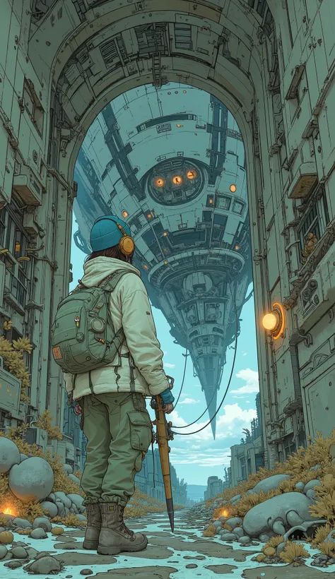  Surrealism  ,  artwork, 8K quality,  a cute high school girl exploring the wreckage of a huge spaceship 、The outer wall 、 High school girl wearing an off-white down jacket and loose moss green cargo pants, blue knit cap、 headphones、Trekking boots、 Colorfu...