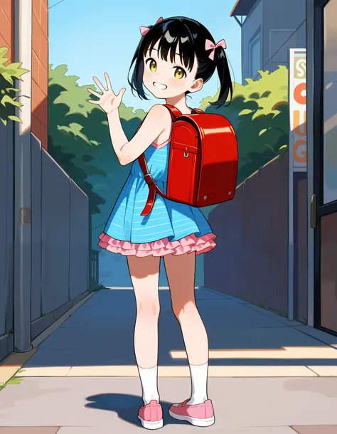 Hd, (littlegirl:1.2), solo, smile, happy,yellow eyes,short hair,black hair, twintails, hair ribbon, flat breasts, happy and confident expression. full body, short girl, cute girl, (loli:1.2), (ch1ldren:1.2),  long straight hair, thin legs, flat chest, flat...