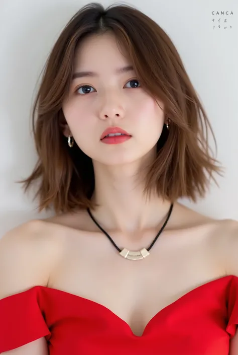 Beautiful Japanese Woman 、、 She is wearing a red off-the-shoulder dress、Red eyeshadow 、Hairstyle: Medium long、wavy hair 、 Light Brown Hair 、 ear piercing、 Empty Expressions 、 necklace、 white backgr
