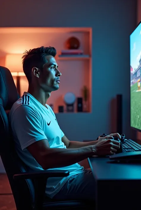 Generate a photo of Ronaldo playing GTA V on PS5