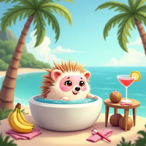 Cute hedgehog in a cosmetic mask, hair curlers lie in a jacuzzi on the coast with palm trees, side table with bananas, coconuts and a cocktail glass