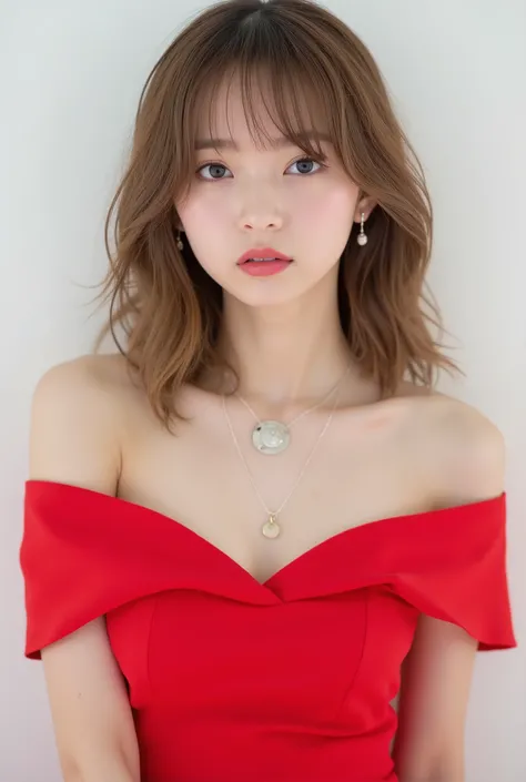 Beautiful Japanese Woman 、、 She is wearing a red off-the-shoulder dress、Red eyeshadow 、Hairstyle: Medium long、wavy hair 、 Light Brown Hair 、 ear piercing、 Empty Expressions 、 necklace、 white backgr
