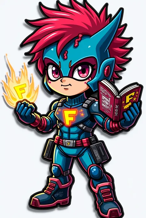 Design a highly detailed and vibrant character for a collectible pin inspired by a comics and video games event. The character should be a fusion of a superhero and a gamer, with futuristic armor or an outfit featuring pixelated patterns, neon highlights (...