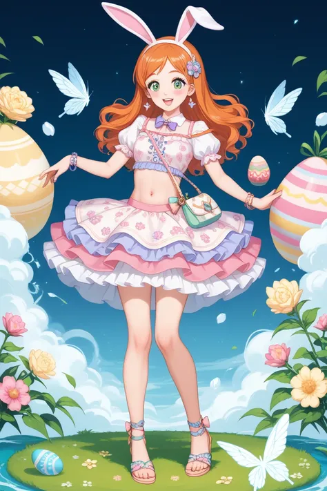 Orihime’s Easter-inspired outfit is cheerful, pastel-colored, and light, with a playful touch, all while showing off her navel and bare feet:

**Top:** She wears a cropped, soft pastel-colored blouse in a light pink, lavender, or mint green. The blouse has...