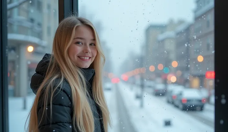  High quality. A real western girl with 18 years old with beyond floor length blonde hair and see her "whole" body standing on the right of floor to ceiling window, must see her whole body. The scenario of window shows winter city in modern city. This grap...