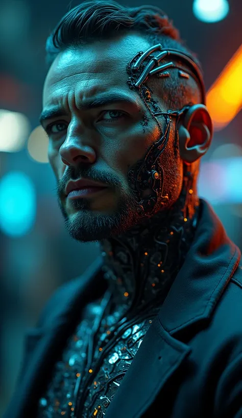 Close-up of the leader of the Mafia in a world dominated by artificial intelligence. The character is partly cybernetic ,  with glowing circuits visible under his skin ,  in a futuristic environment ,  with cinematographic lighting  