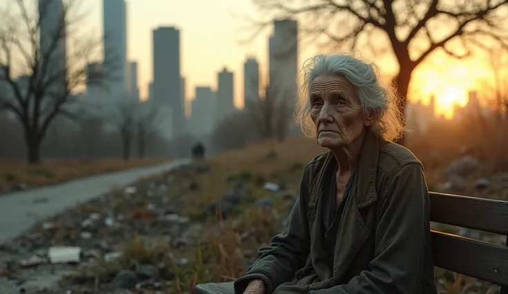 A very old lady, sitting on a bench in the central park, dirty and abandoned, with the view of 2029 (best quality, 8k, high resolution, masterpiece: 1.2), ultra-detailed, (realistic, photorealistic, photorealistic: 1 ,37), cinematic lighting, sunlight; cit...