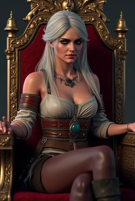   Ciri with the Witcher 3 ,  perfect figure ,  Big breasts , very high (the giantess) , long strong legs ,  athletic figure,  the crown on her head next to  ,  Ciri sits on the throne  .  Ciri is shown in full height, you can see her legs in full , next do...