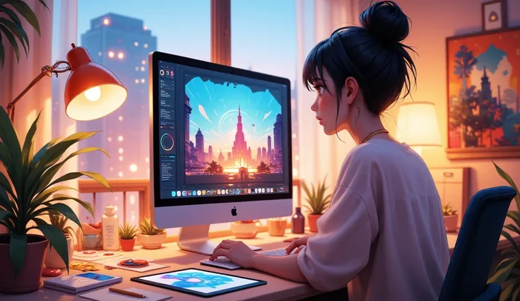 A visually stunning digital illustration of a creative workspace featuring a computer screen displaying an AI image generator interface. The scene includes artistic tools such as a sketchpad, colorful paints, and a digital tablet. The background is bright ...