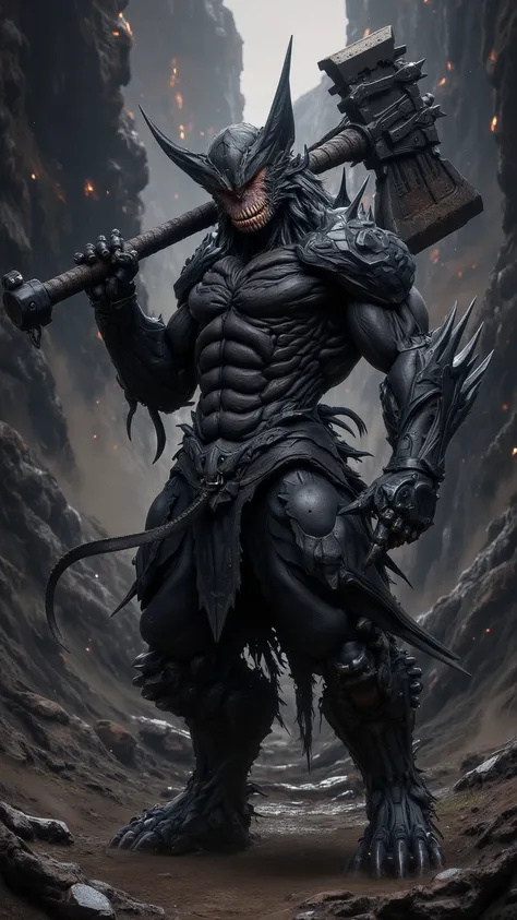 A Pig Man Warrior，，One-eyed， in black armor ， with a battle-axe on his shoulder ， in the background of the canyon of chaos