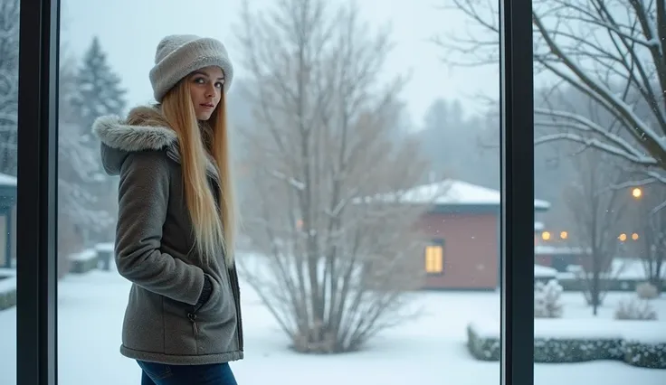  High quality. A real western girl with 18 years old with beyond floor length blonde hair and see her "whole" body standing on the right of floor to ceiling window, must see her whole body. The scenario of window shows winter city in modern city. This grap...