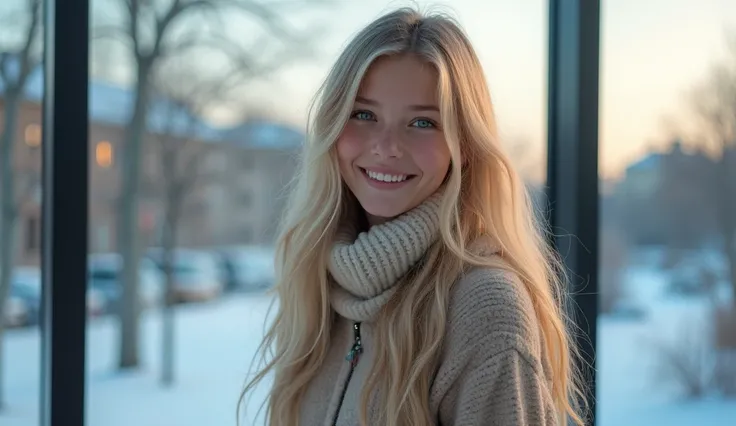  High quality. A real western girl with 18 years old with beyond floor length blonde hair and see her "whole" body standing on the right of floor to ceiling window, must see her whole body. The scenario of window shows winter city in modern city. This grap...