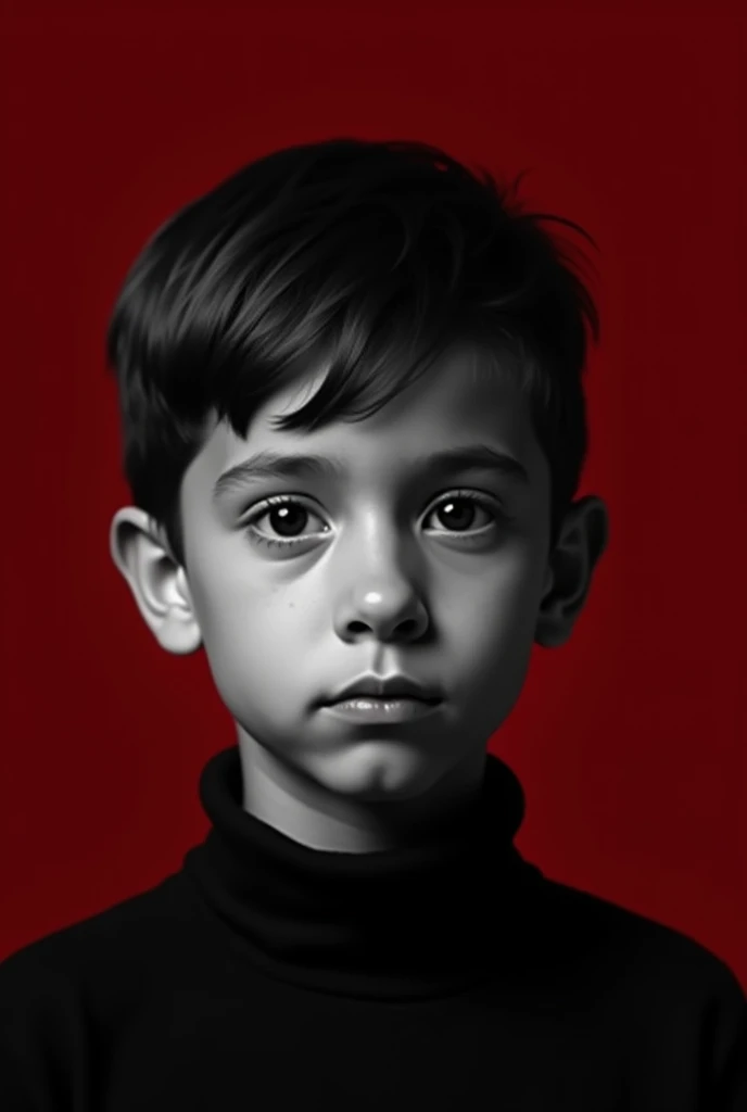 Create a black and white image of the same boy but aged s on plain dark red background.