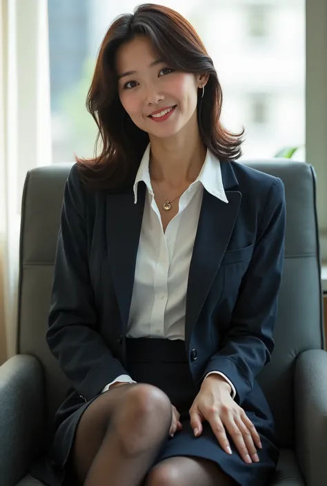 masterpiece, 8k,  Photorealistic, beautiful Japanese woman, My friend's mother, milf, Feminine charm, 40 years old, navy business suits, pencil skirt, white blouse, black pantyhose, sitting on the chair of office, necklace, sunlight, half smile, shot from ...