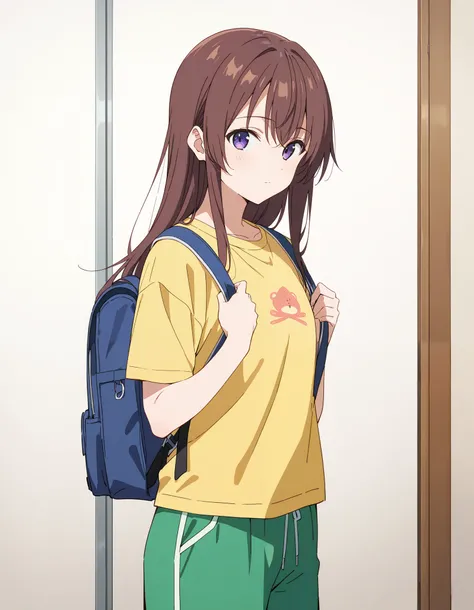 Masterpiece, hd, 2d, anime, best quality, yukisou, 1girl, Brown hair, purple eyes, long hair, closed mouth, wearing t-shirt, yellow t-shirt, green shortpants, indoor, potrait, wearing school backpack, brown backpack, (backpack:1.2)