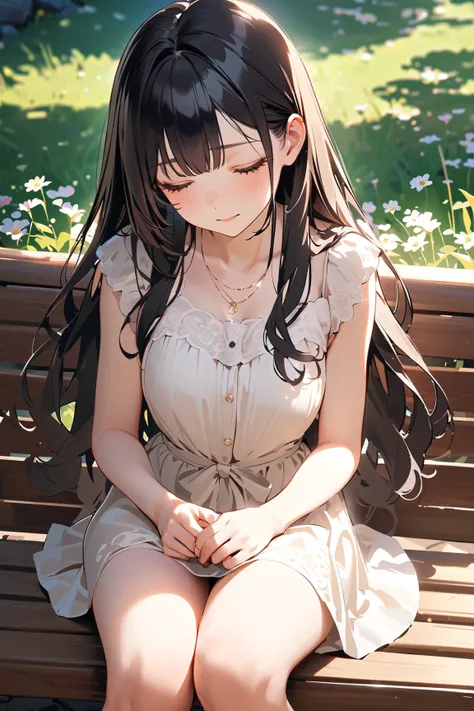 1 girl, (cute face), short height, (sad expression), (long hair:1.2), medium breasts, slim, (wearing a stylish skirt and blouse), above knee length, (porcelain skin), 
BREAK 
Fantasy landscape, colorful flowers, (sitting on a bench:1.2), gentle breeze, (lo...