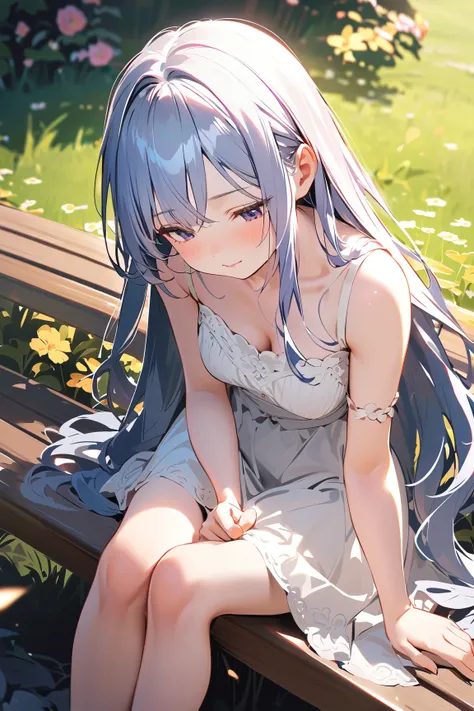 1 girl, (cute face), short height, (sad expression), (long hair:1.2), medium breasts, slim, (wearing a stylish skirt and blouse), above knee length, (porcelain skin), 
BREAK 
Fantasy landscape, colorful flowers, (sitting on a bench:1.2), gentle breeze, (lo...