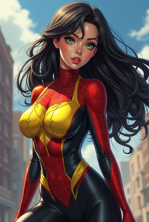 spiderwoman, Jessica drew an anime image, of spider woman Jessica drew, she is a beautiful woman, she has black hair, green eyes, she has a super yellow and red spiderwoman suit