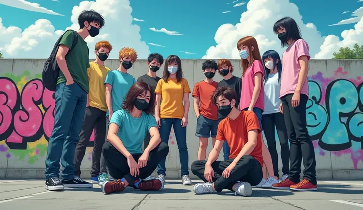 Some people, young, wearing t-shirts, different colors, trousers, different styles, anime shaped, 4K, 1080 fps, in public parking, near the wall, graffiti, daytime, cloudy weather, wearing black masks, covering their mouths, and noses, some people standing...