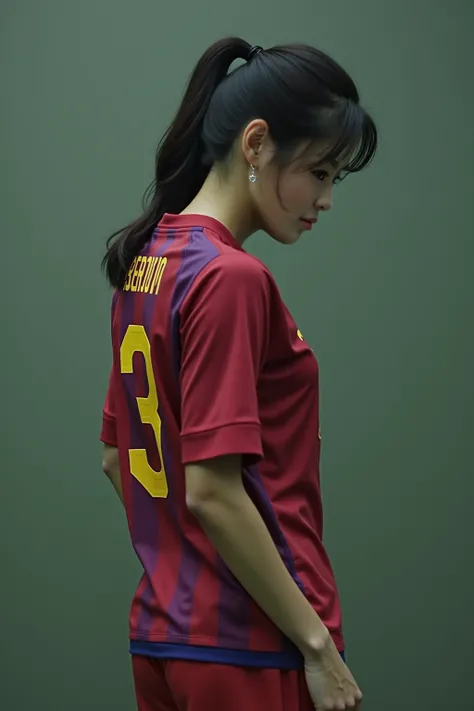 A scene where Lee Da-hee plays an active role as a soccer player at FC Barcelona,  The appearance of FC Barcelona wearing a soccer uniform must be very realistic and realistic. Her number is 3 . And I only wear a bra on top.  and the bottom is wearing pant...