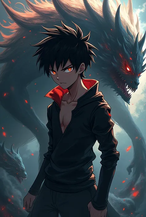 create a image like anime boy with evil powers like Monster on his back 