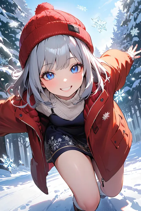 1 girl, (cute face), ager, (medium length hair), (playful smile), medium breasts, slim, (wearing a stylish skirt and jacket), knee length, (warm hat), (porcelain skin), 
BREAK 
icy road, winter wonderland, (stumbling:1.2), about to slip, (snowflakes swirli...