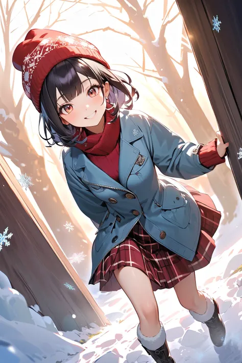 1 girl, (cute face), ager, (medium length hair), (playful smile), medium breasts, slim, (wearing a stylish skirt and jacket), knee length, (warm hat), (porcelain skin), 
BREAK 
icy road, winter wonderland, (stumbling:1.2), about to slip, (snowflakes swirli...