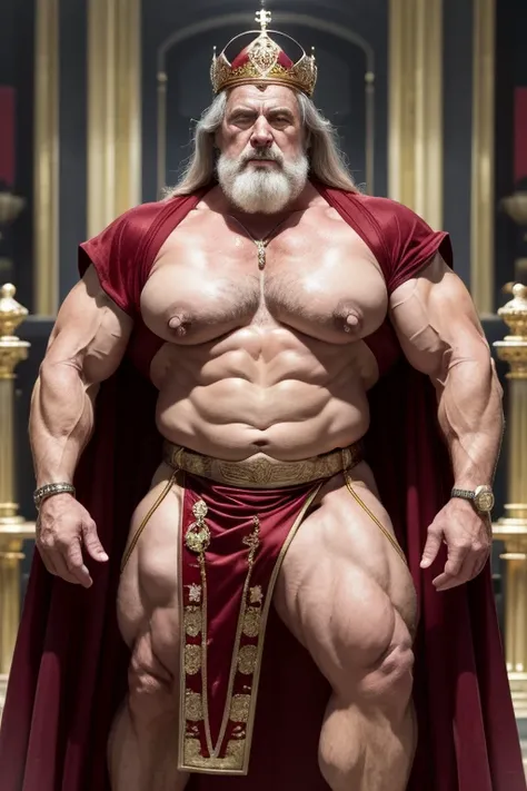         Hyperrealistic image of the mature and fat bodybuilder Frank Zane,    who plays an imperial Byzantine king with an enormous crown of gold and precious stones on his head and a cape of red velvet and ermines over his shoulders  ,  with a bare torso ...