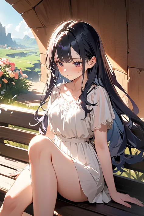 1 girl, (cute face), short height, (sad expression), (long hair:1.2), medium breasts, slim, (wearing a stylish skirt and blouse), above knee length, (porcelain skin), 
BREAK 
Fantasy landscape, colorful flowers, (sitting on a bench:1.2), gentle breeze, (lo...