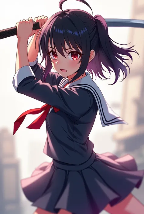 anime girl with sword, dinamic pose, hime cut hair style, black hair, school uniform, red eye, 