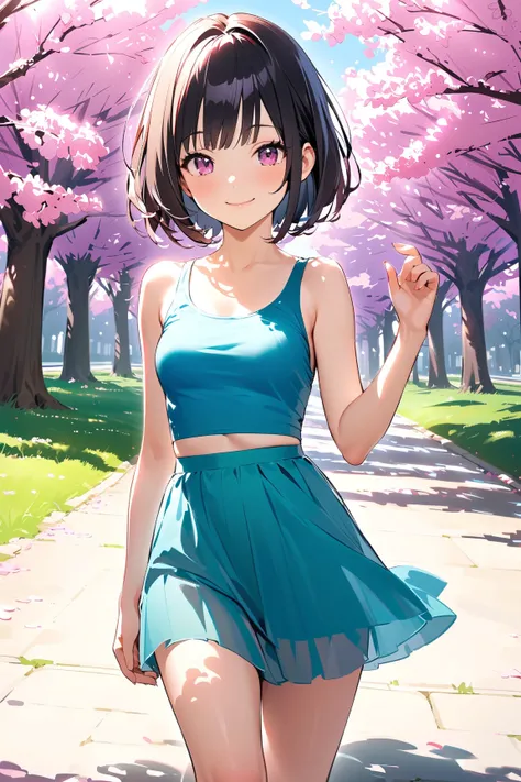 1 girl, (cute face), petite, (short bob haircut:1.2), small breasts, slim, (wearing a flowing skirt and tank top), above knee length, (smooth skin), 
BREAK 
Urban setting, cherry blossom trees, (walking under the trees:1.2), (smiling softly:1.2), spring da...