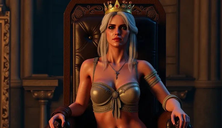   Ciri with the Witcher 3 ,  perfect figure ,  Big breasts , very high (the giantess) , long strong legs ,  athletic figure,  the crown on her head next to  ,  Ciri sits on the throne  ,  Ciri is shown in full height, you can see her legs in full , next do...