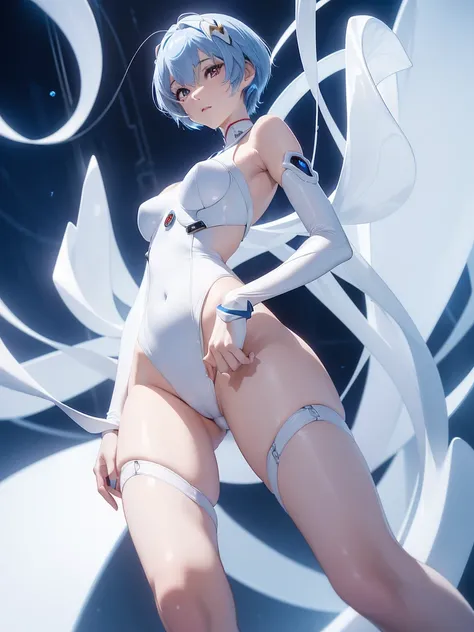 (masterpiece,  best quality,  very detailed, 8k,  wallpaper,  is present), (( perfect hand)), (( perfect anatomy)), silver snake hanging in the air,  nudes, Round legs, Hold a ,M-shaped leg pose, (( charming anime girl)), ((Rei Ayanami)), ((Mysterious beau...