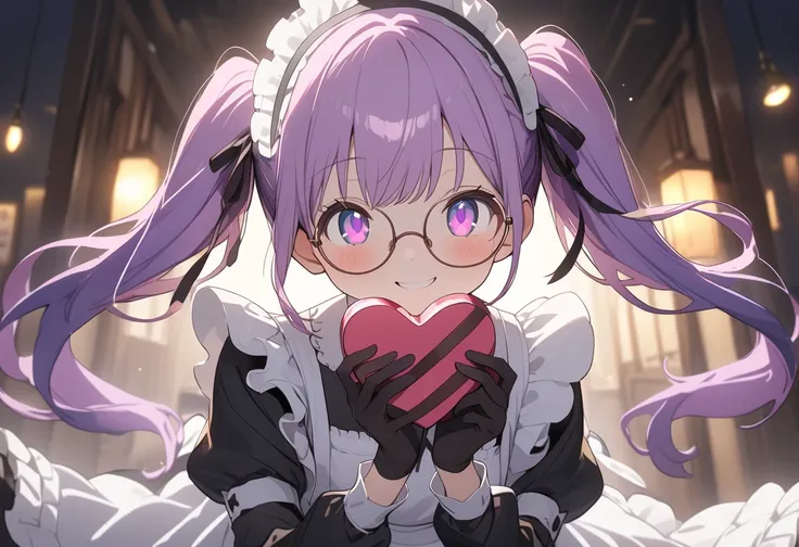 Long purple hair ,  I'm wearing a maid outfit, round glasses, Round eyes 鏡, Front Light ,Cute 2D, White background, Front lighting 、( to show your lower belly、masterpiece、 high resolution、 Details)、animeスタイル、 Flat Style 、(Shining Eyes、 Details美しい顔),  1 gir...